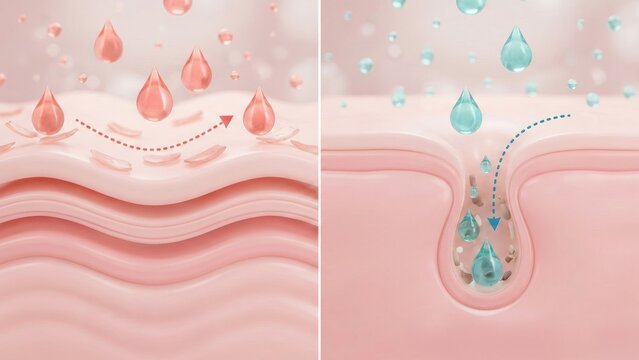 Aha clears dry flakes on skin while bha moves deep into pores to clean buildup with clear action arrows, acne on skin, whiteheads, blackheads, papules