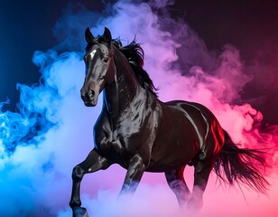 Glossy black horse gallops through swirling, colored smoke, lit in vibrant pinks and blues against a dark background