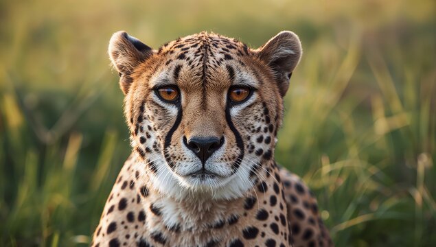 A detailed shot of a cheetahs face focusing on its keen eyes and distinctive markings, wildlife preservation