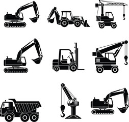 Flat vector illustration of construction vehicle silhouettes, excavator, crane, forklift, dump truck, industrial machinery, black graphic, grid layout