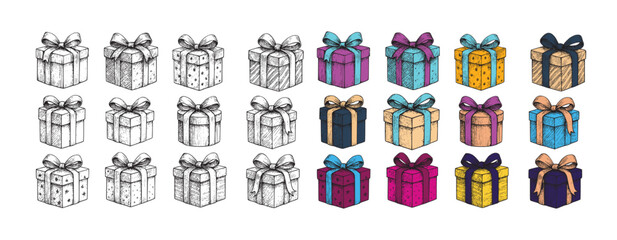Fototapeta premium Hand Drawn Gift Box Illustration Set – Black and White & Color Vector Decorative Present Boxes with Ribbon – Vintage Sketch Gift Collection