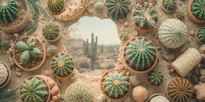 Multiple potted cacti arranged outdoors, showcasing low-maintenance desert flora for garden design