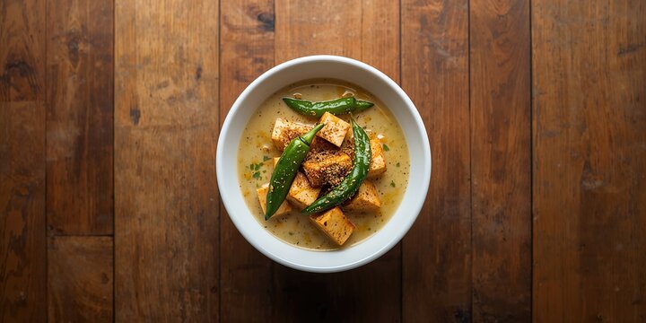 Indonesian Ase cabe featuring green chili and tofu in coconut milk sauce, presented in a white bowl on a wooden surface