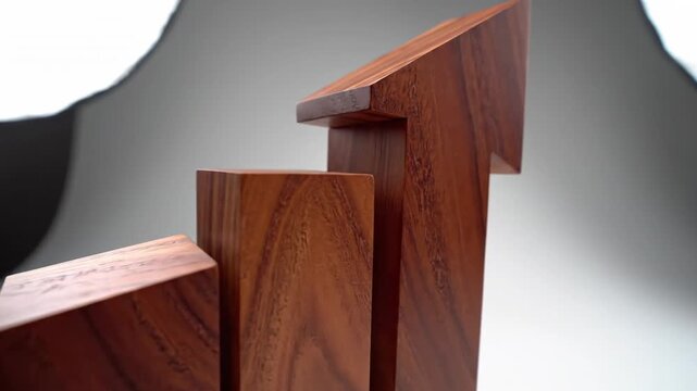 A row of polished wooden blocks arranged as ascending steps, set against studio lighting under glow