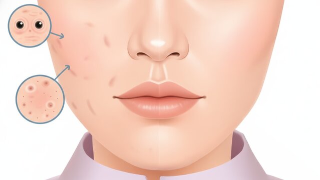 A person face with pores and redness circles while right side looks smooth and clear, acne on skin, whiteheads, blackheads, papules