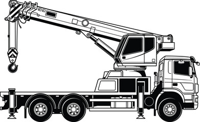 Flat vector illustration of mobile crane truck silhouette, telescopic boom, pulley hook, construction equipment, heavy vehicle, black and white graphic