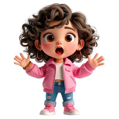 Excited cartoon girl with curly hair wearing pink jacket and jeans, expressing surprise with open mouth and joyful demeanor