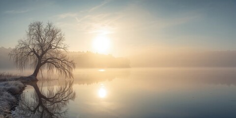 Backlit scene at Lake Diemelsee during winter, seasonal ice and snow cover, outdoor landscape photography