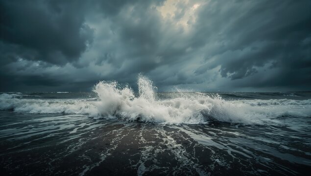 Fototapeta Ocean surface with turbulent water under overcast sky, highlighting shoreline dynamics