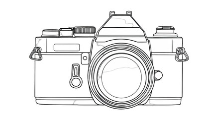 A stylized, silhouetted image of a vintage film camera with a prominent lens