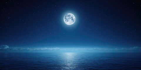Obraz premium Full moon over water illuminating a night landscape with a dark blue starry sky, natural night scenery