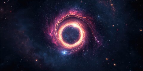Galaxy and stars surrounding a black hole with glowing accretion disk, illustrating astrophysical phenomena for science outreach, International Astronomy Day