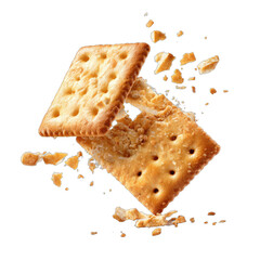 Golden crackers break apart in mid-air, showering crumbs