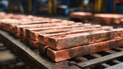 Medium shot of freshly cast copper bars cooling on a metal rack in an industrial foundry environment.