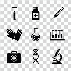 Medical icons set including syringe, test tube, and dna