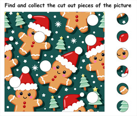 Vector child logic game find and collect cut out pieces of picture. Complete all fragments. Children drawing of christmas cartoon chocolate gingerbread in santa claus hat, snowflake, new year tree.