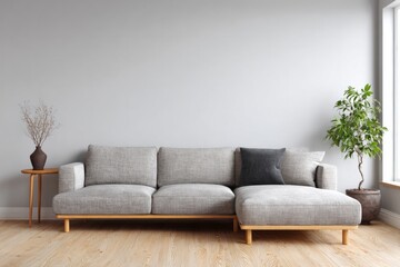 Modern sectional sofa with plants in a bright living room setting.