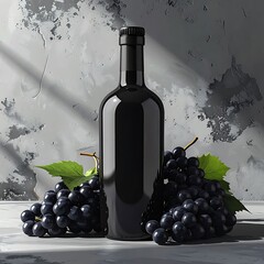 Glossy black wine bottle flanked by dark grapes against a textured grey background, casting soft light and shadows