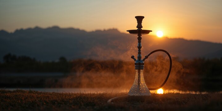Hookah with mountain silhouettes during sunset, outdoor social activity