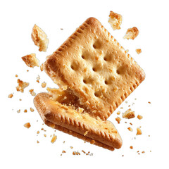 A square, golden-brown cracker split in half, revealing a creamy filling
