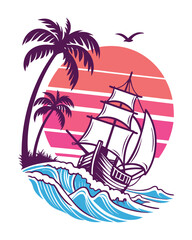 Vibrant Sailing Ship Illustration   Ocean Waves Vector EPS © MD. YOUSUF ALI