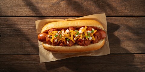 Fototapeta premium Authentic chili hot dog topped with cheddar cheese onion and spicy sauce served on paper on table, food safety and hygiene focus