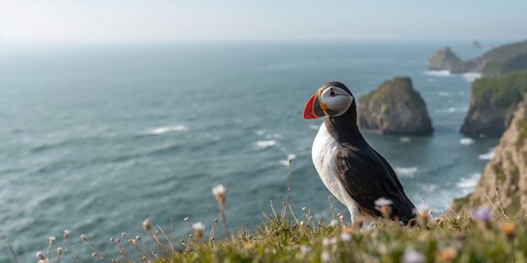 Atlantic puffin, seabird with distinctive black crown and white underparts, highlighting seasonal migration patterns