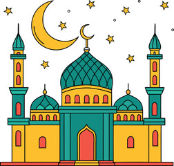 A vibrant hand drawn illustration of a traditional islamic mosque with a crescent moon and stars in the night sky symbolizing ramadan and eid celebrations