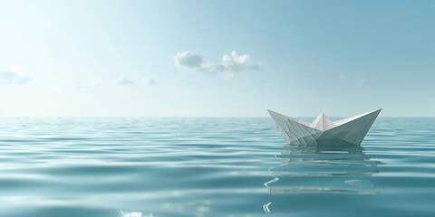 Low poly paper boat on a reflective surface used as a visual background, geometric design and simplicity