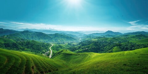 Andean landscape featuring lush green hills, winding roads, and scattered farms, illustrating rural life in Ecuador
