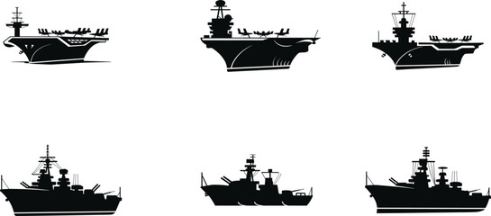 Set of aircraft carrier and warship silhouettes, detailed naval military vessel designs shown in multiple styles, bold vector illustration collection for maritime, defense, army and combat themes © Riko Creations