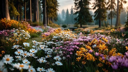 A serene meadow filled with colorful wildflowers and butterflies beneath tall forest trees in soft morning light