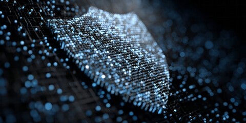 Digital shield shape formed by glowing blue particles on a dark circuit board.