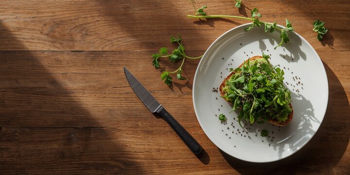 Sliced avocado spread on bread with arugula and chia seeds, healthy eating habits, world nutrition day - Powered by Adobe