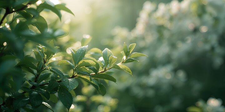 Young viburnum shrub leaves in early spring with fresh foliage, seasonal change