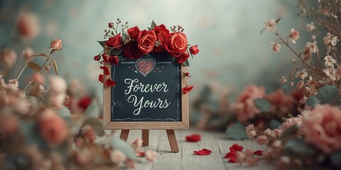 Vintage wedding sign featuring roses and heart motifs, romantic decor, couple's love message, floral design, special occasion