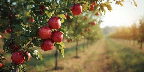 Apple tree branch with red apples on a blurred background during ripening, illustrating fruit maturity for agricultural assessment