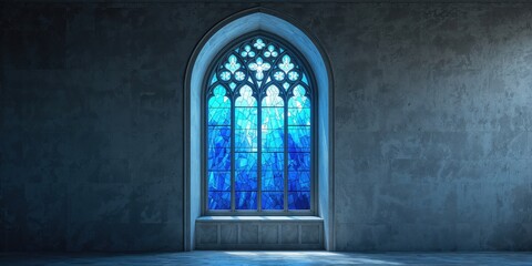 Colorful stained glass window with varying blue shades used as a background for visual design, World Art Day