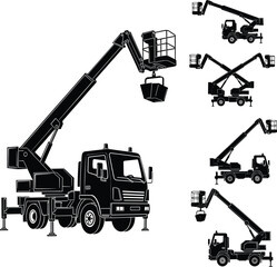 Flat vector illustration of aerial work platform silhouettes, boom lift trucks, scissor lifts, construction equipment, utility vehicles, black graphic design © MD
