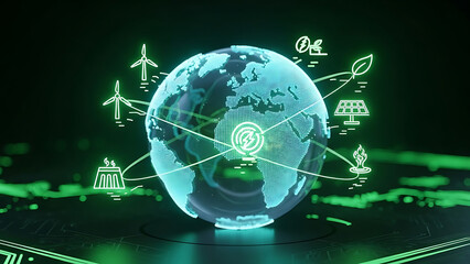 Global Renewable Energy Network with Earth and Green Icons.