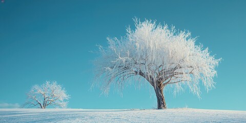 Frosted tree with icy branches on a vivid blue sky, winter preservation