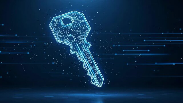 A glowing blue digital key made of neon circuitry on dark tech background, future of secure communication concept, email security and protection concept