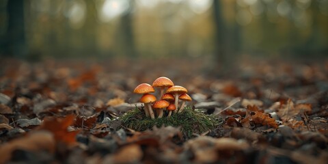 Close-up of fungi sprouting among fallen leaves in an autumn woodland, highlighting natural biodiversity