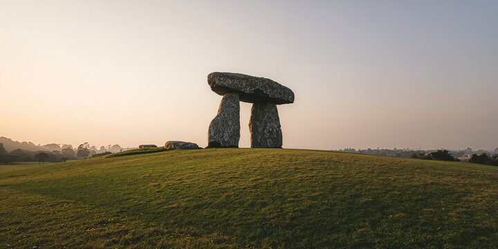 Dolmen Pedra da Orca in Gouveia Portugal, ancient stone monument amidst grass and sky, archaeological site preservation day