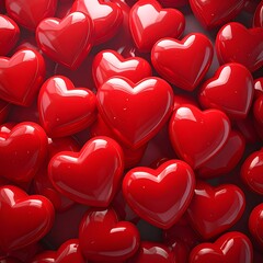 Glossy, bright red heart candy heap; warm, love theme; filling the frame
