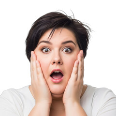 Surprised woman with short hair expressing astonishment and shock with hands on face against a white background