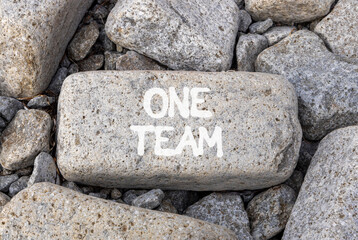 One team symbol. Concept word One team on beautiful grey stone on stone beach. Beautiful grey stone beach background. Business one team concept. Copy space.