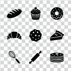 Collection of bakery icons on transparent background