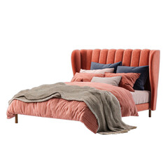 Plush coral-toned bed with layered bedding and decorative pillows