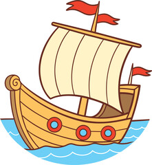 A charming cartoon illustration of a wooden sailing ship with tan sails and red flags gently floating on blue wavy water perfect for children s stories and nautical themes